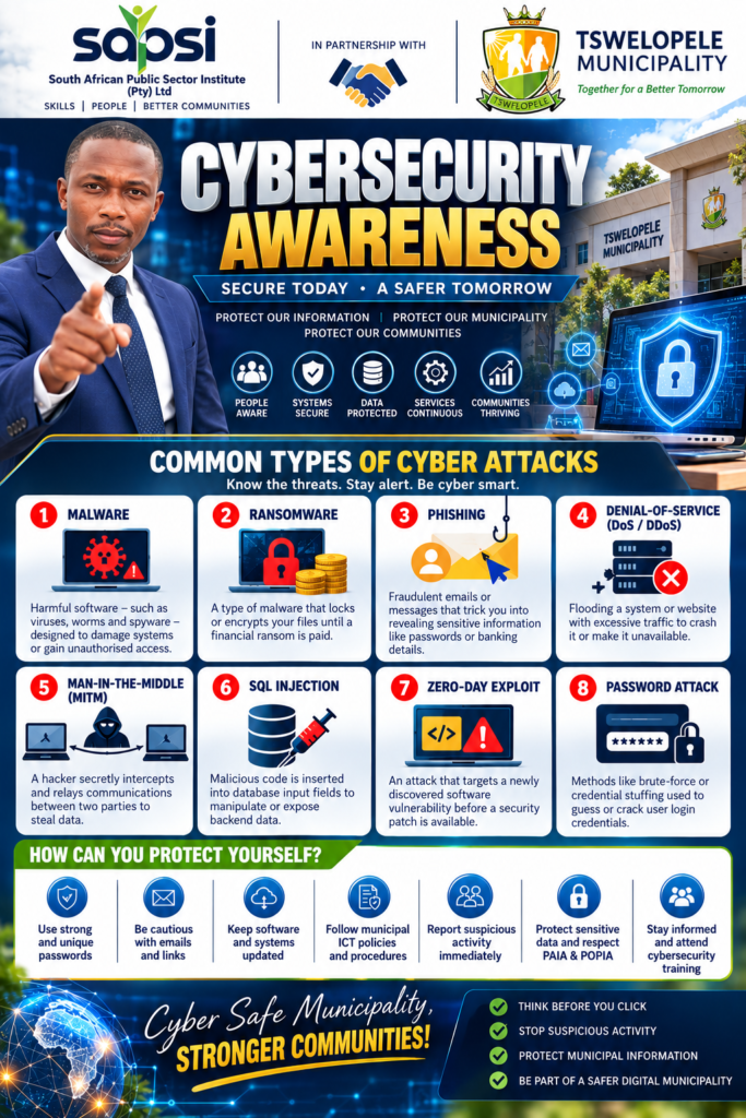 Cybersecurity Awareness – SAPSI in partnership with Tswelopele Municipality Cybersecurity Awareness poster – SAPSI in partnership with Tswelopele Municipality: common types of cyber attacks and how to protect yourself